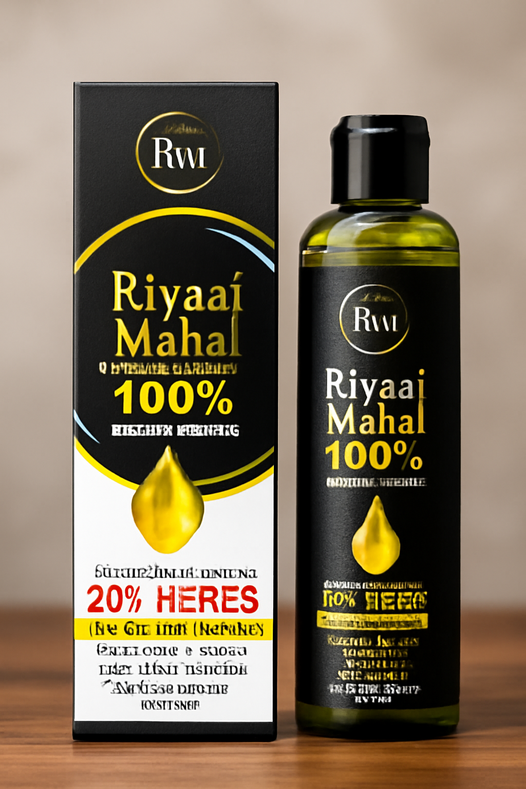 Riyaáj Mahal oil bottle and packaging on a wooden surface with a beige background